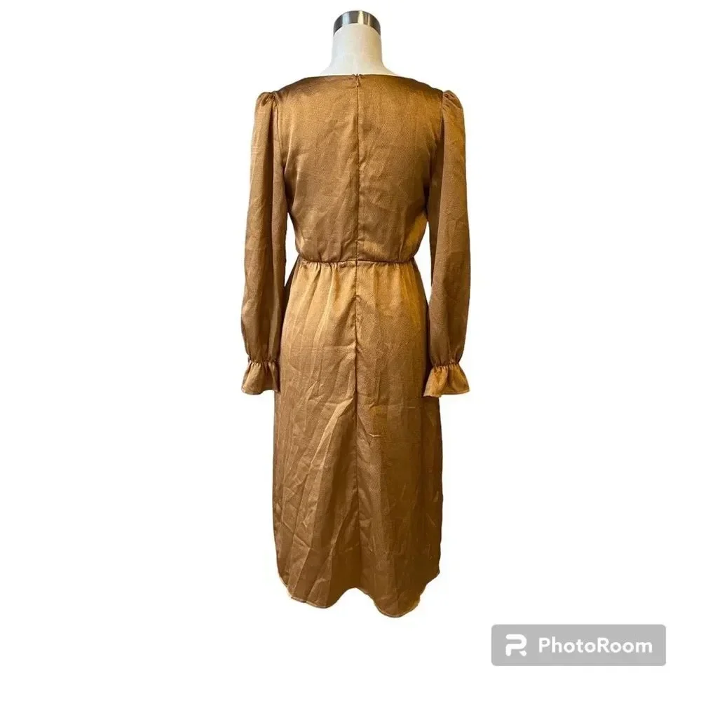 Lulu’s 4SI3NNA Brielle Bronze Satin Long Sleeve Midi Dress in Bronze Copper
